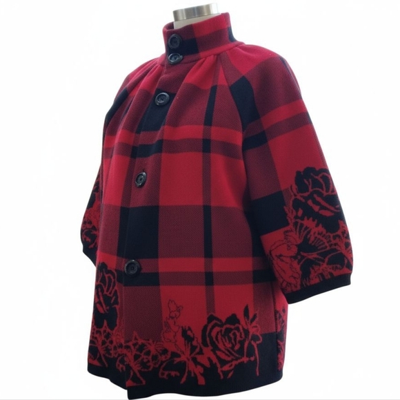 Vintage Plaid Floral Cape Jacket Red Black Size Medium Large - Picture 4 of 6